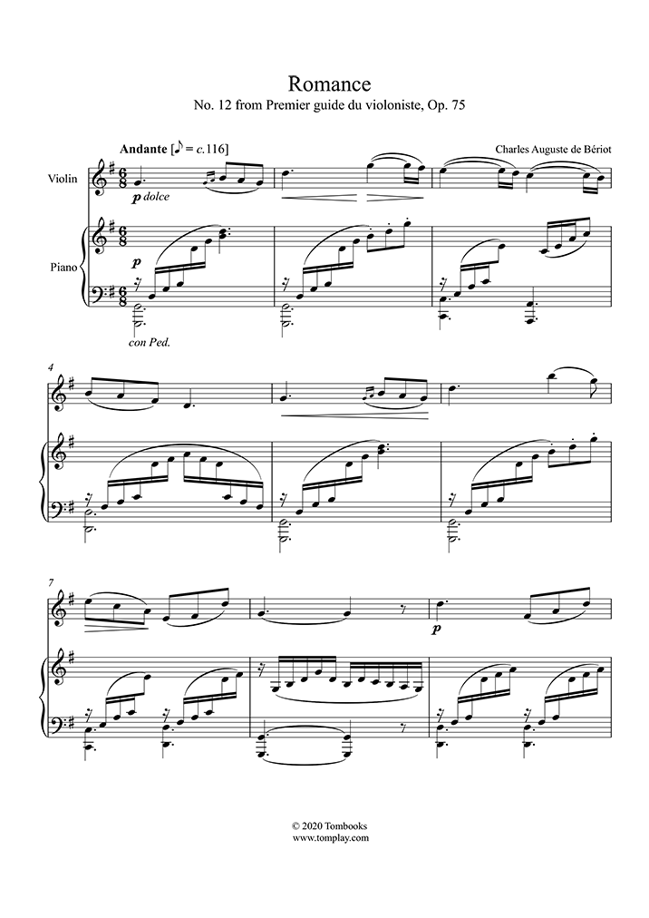 Violin Sheet Music 20 Studies Premier Guide Du Violoniste Opus 75 No 12 Romance Beriot