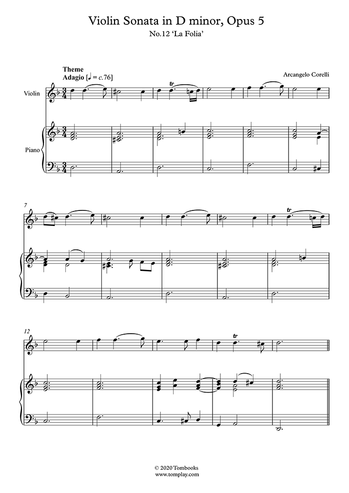 Violin Sheet Music Violin Sonata In D Minor Opus 5 No 12 La Folia Corelli