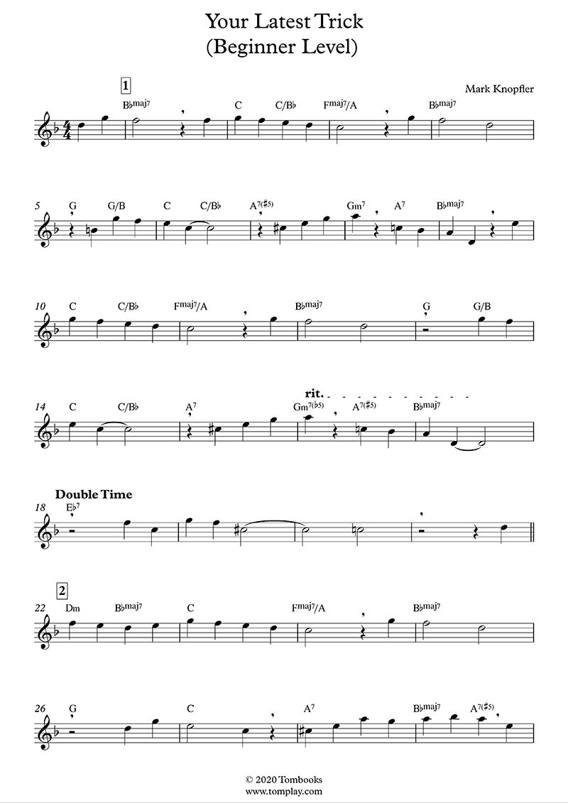 Saxophone Sheet Music Your Latest Trick (Beginner Level, Tenor Sax