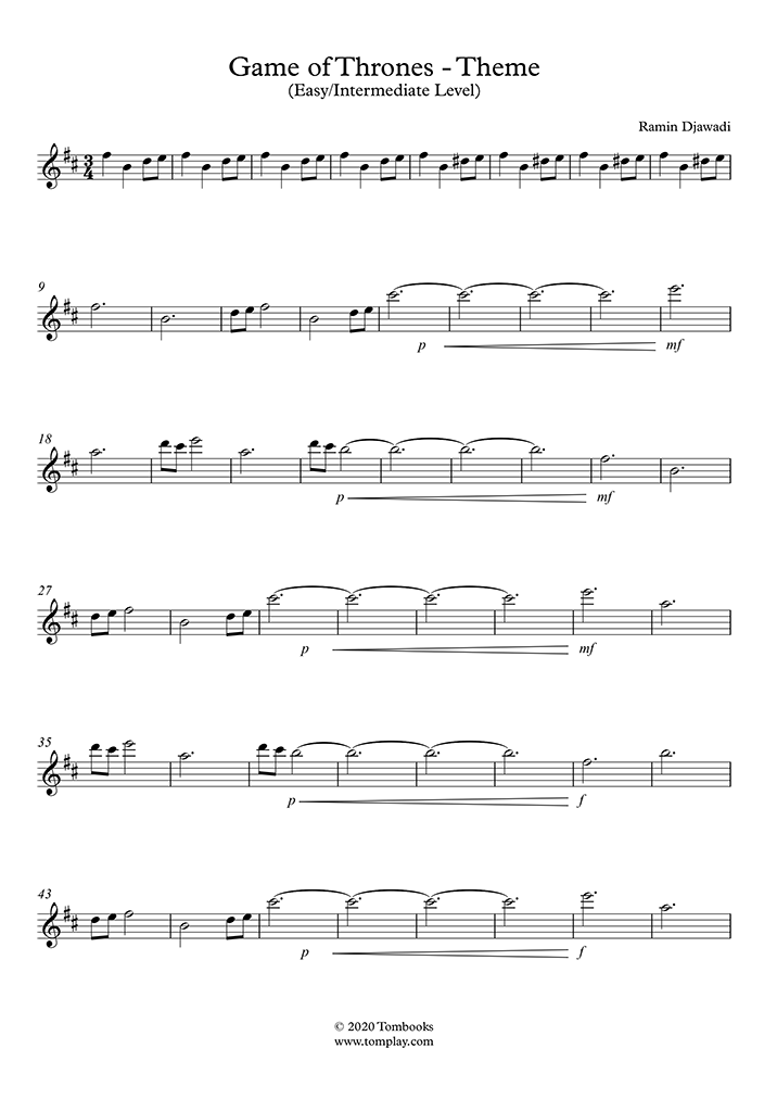 Game of Thrones Theme (Easy/Intermediate Level, Tenor Sax) (자와디) 색소폰 악보