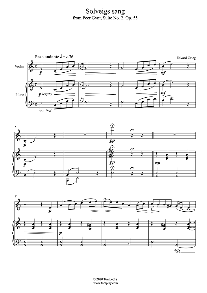 Violin Sheet Music Peer Gynt Suite No 2 Opus 55 Iv Solveig S Song Grieg
