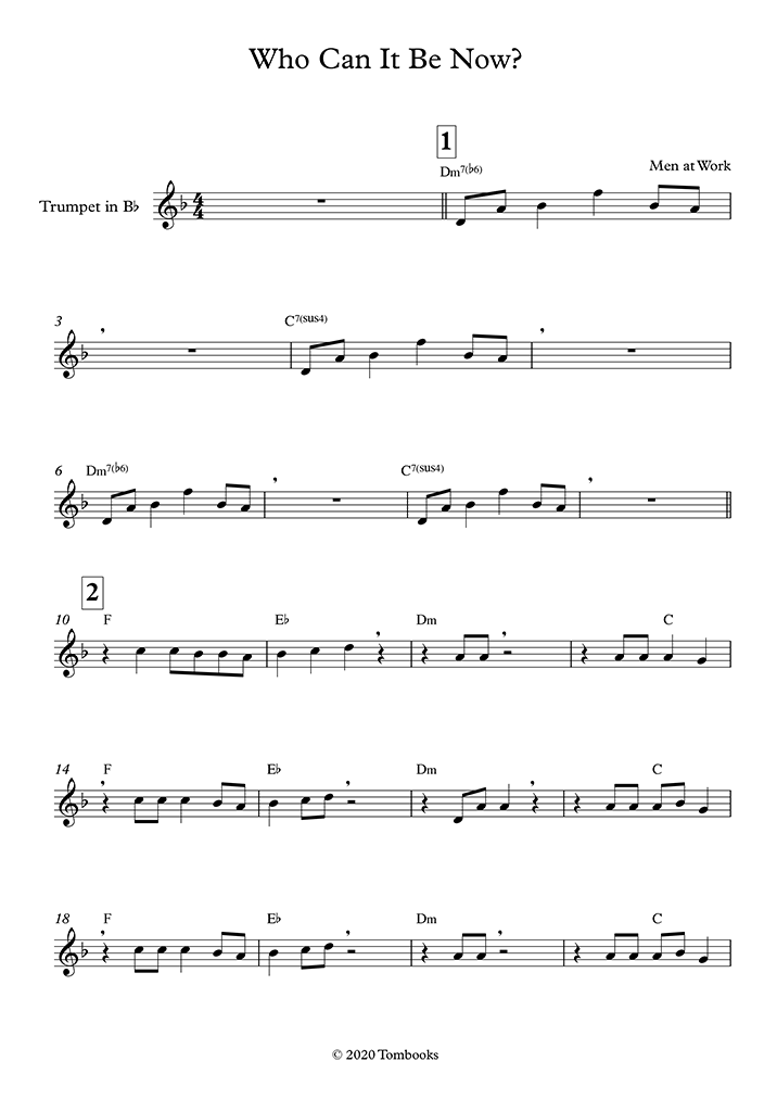 Trumpet Sheet Music Who Can It Be Now Easy Level Men At Work