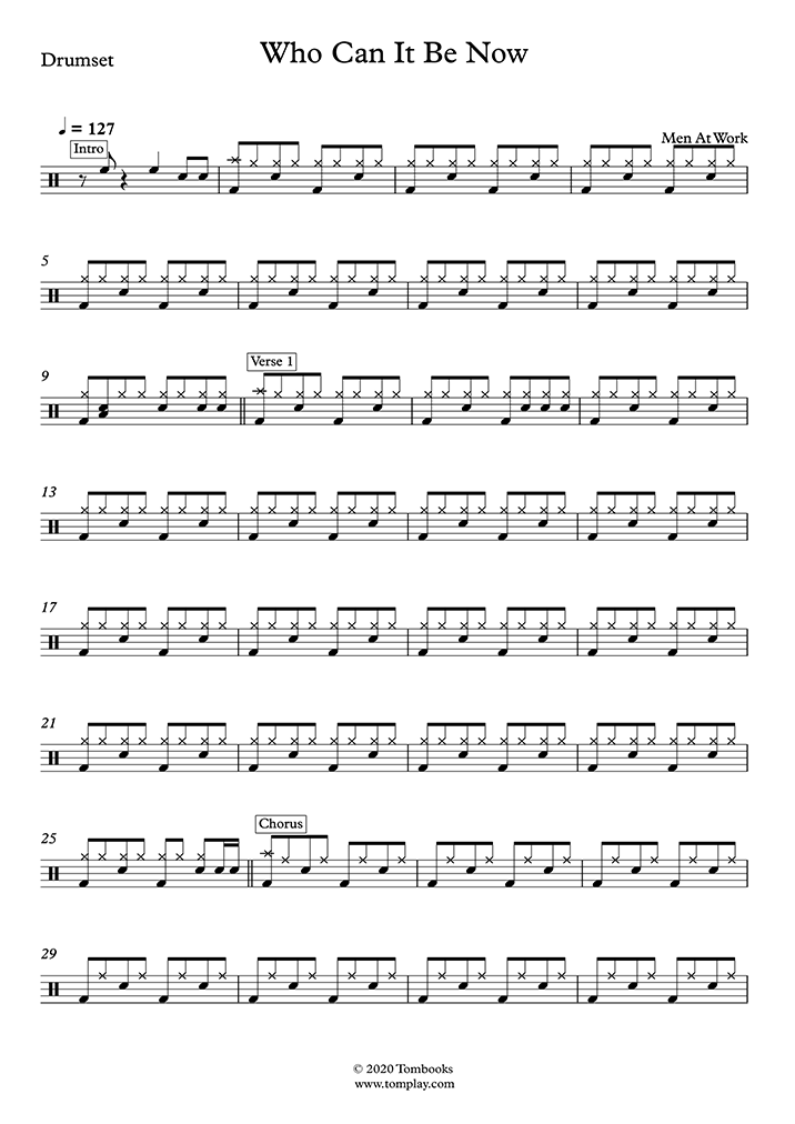 Drums Sheet Music Who Can It Be Now Original Version Easy Intermediate Level Men At Work