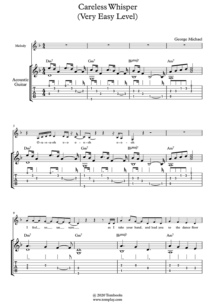 Guitar Tabs and sheet music Careless Whisper (Very Easy Level, with