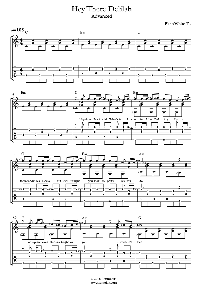 Guitar Tabs And Sheet Music Hey There Delilah Advanced Level With Band Plain White T S