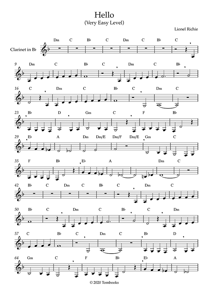 Clarinet Sheet Music Hello (Very Easy Level) (Richie Lionel)