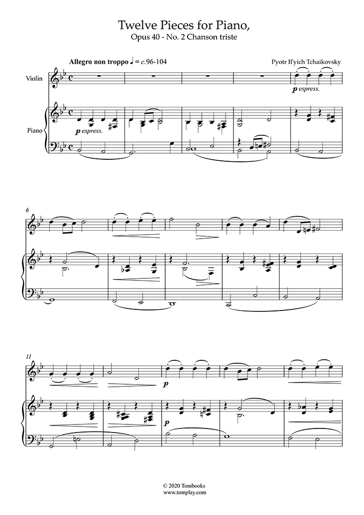 Partitura Violin 12 Pieces For Piano Opus 40 No 2 Chanson Triste Tchaikovsky