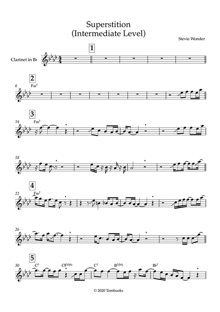 Clarinet Sheet Music Superstition (Intermediate Level) (Stevie Wonder)