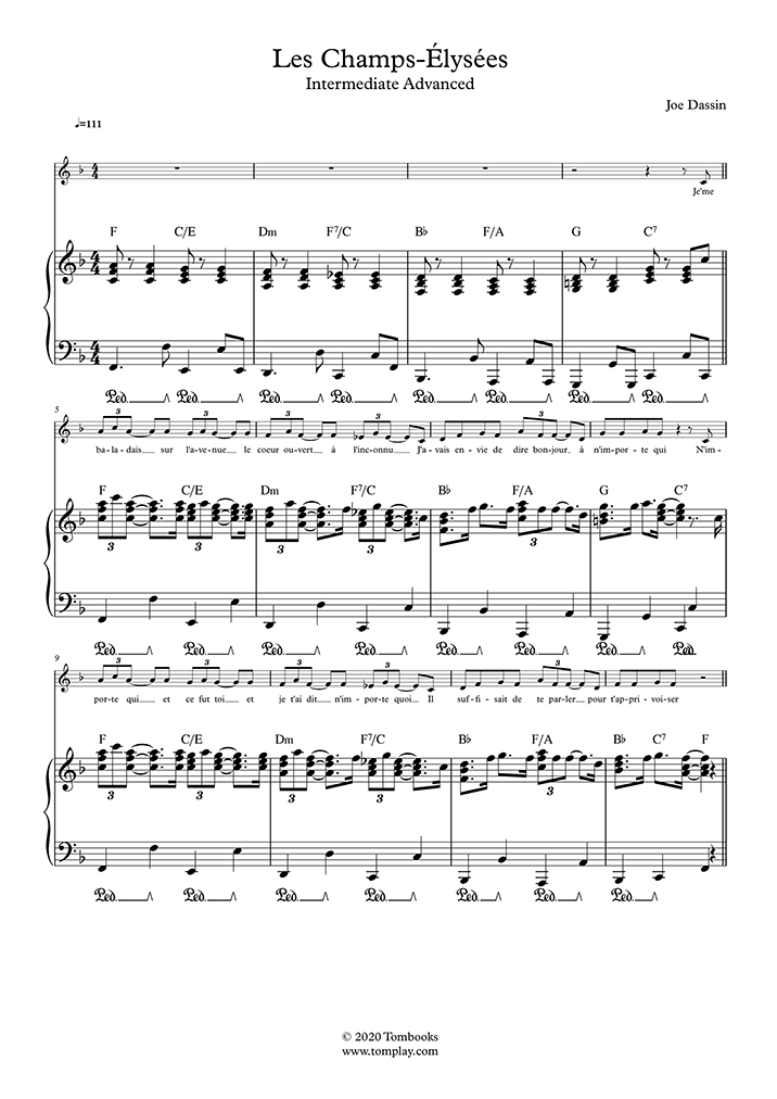 Piano Sheet Music Les Champs Elysees Intermediate Advanced Level With Orchestra Dassin Joe