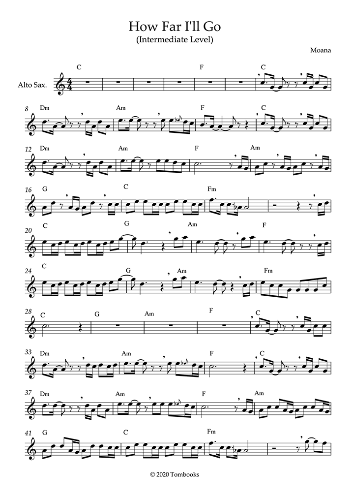 Saxophone Sheet Music Moana How Far I Ll Go Intermediate Level Alto Sax Cravalho AuliÊ»i