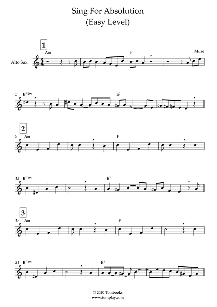 Saxophone Sheet Music Sing For Absolution Easy Level Alto Sax Muse