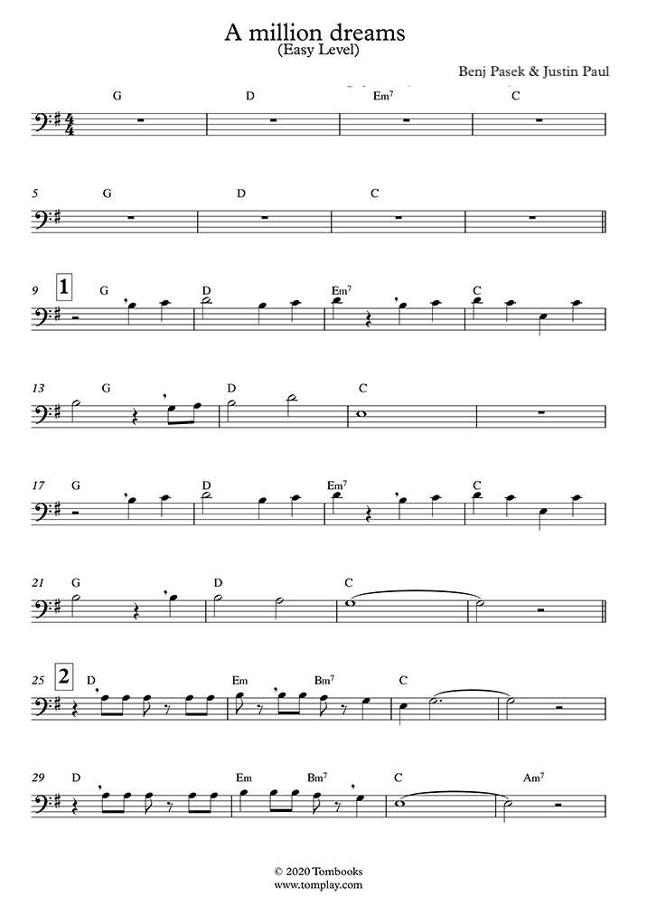 Trombone Sheet Music The Greatest Showman A Million Dreams Easy Level Pasek Paul