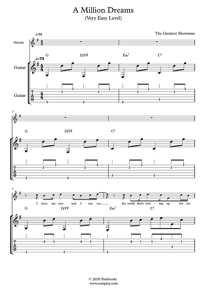 Guitar Sheet Music The Greatest Showman A Million Dreams Very Easy Level Solo Acoustic Guitar Pasek Paul
