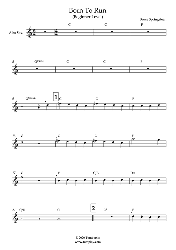 Saxophone Sheet Music Born To Run Beginner Level Alto Sax Springsteen