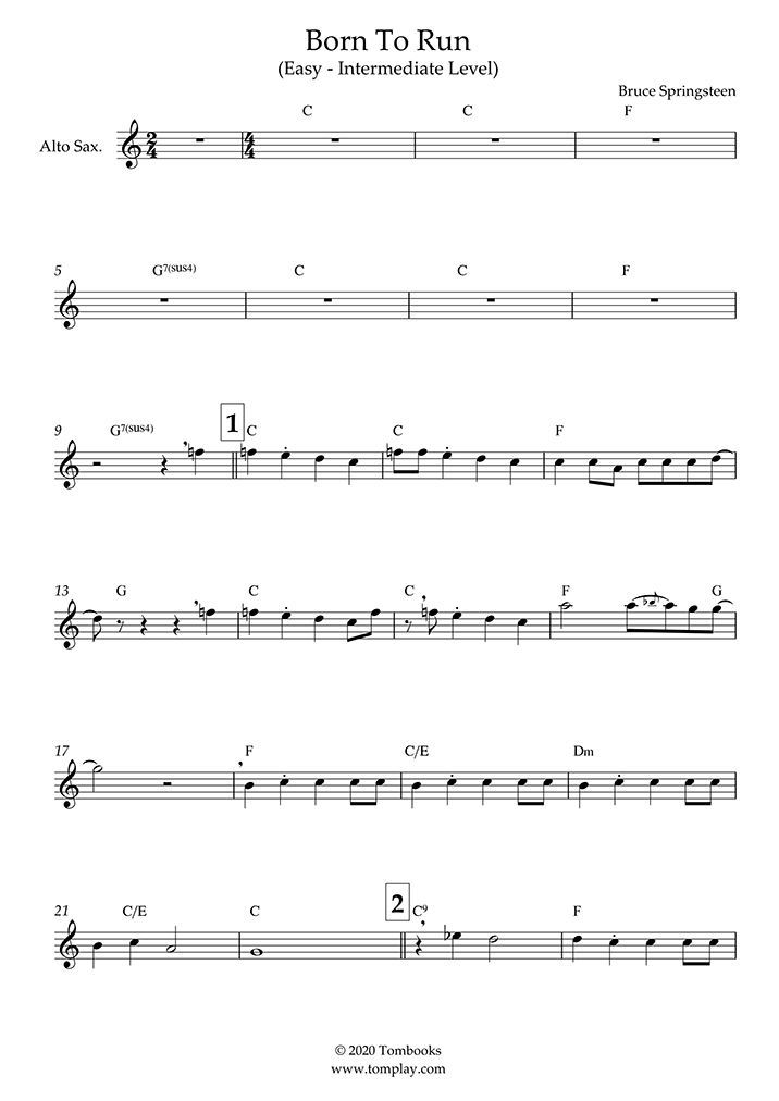 Saxophone Sheet Music Born To Run Easy Intermediate Level Alto Sax Springsteen
