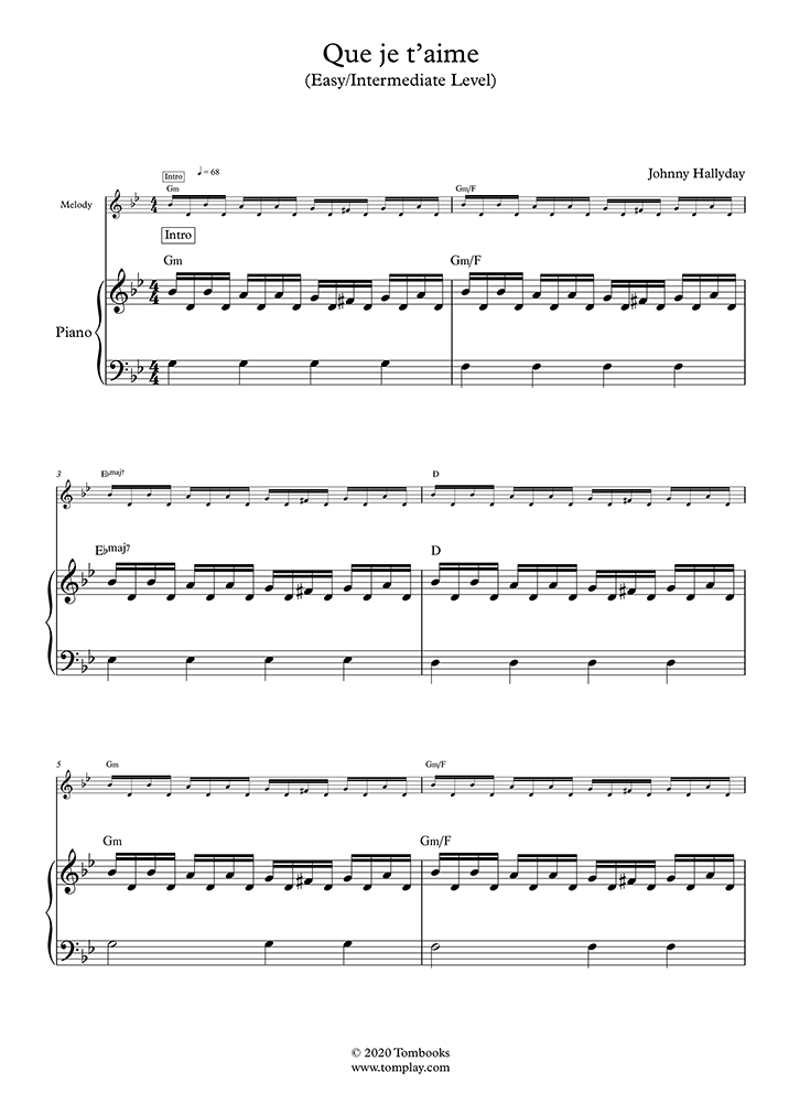 Partition Piano Que je t'aime (niveau facile/intermédiaire,avec