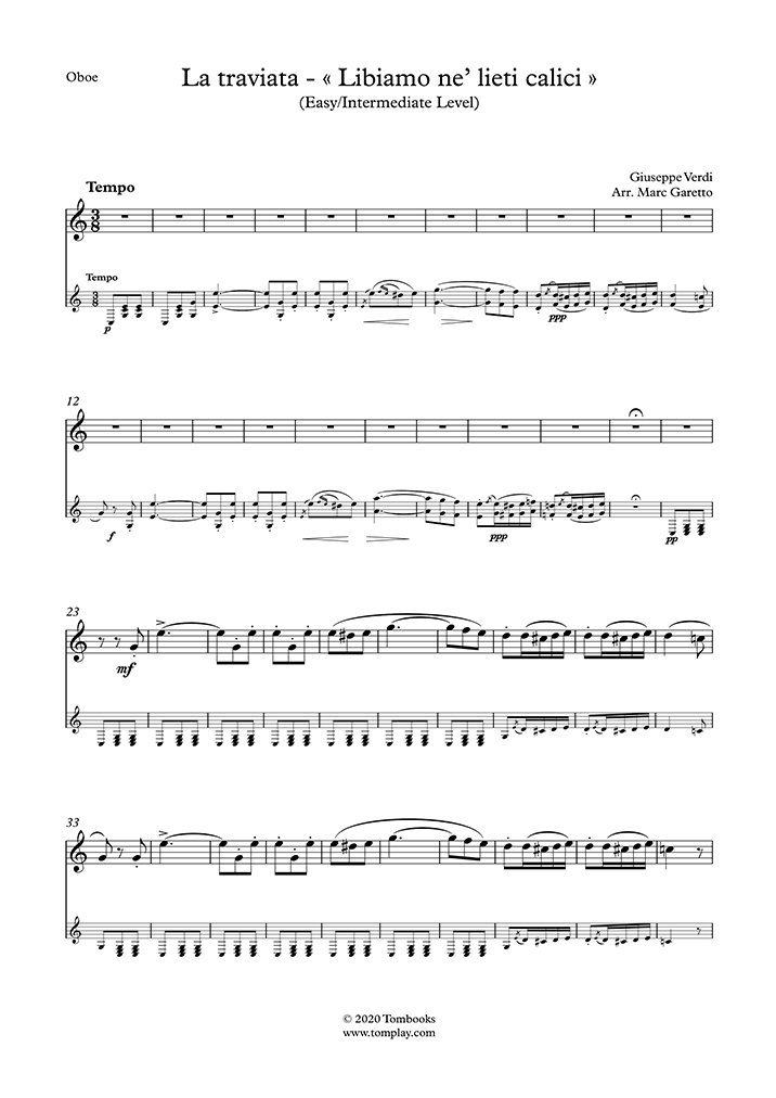 Oboe Sheet Music La traviata « Libiamo ne' lieti calici » (Easy