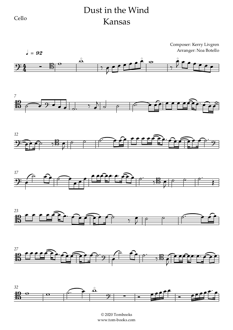 Dust in the Wind (Intermediate/Advanced Level) (Kansas) Cello Sheet Music
