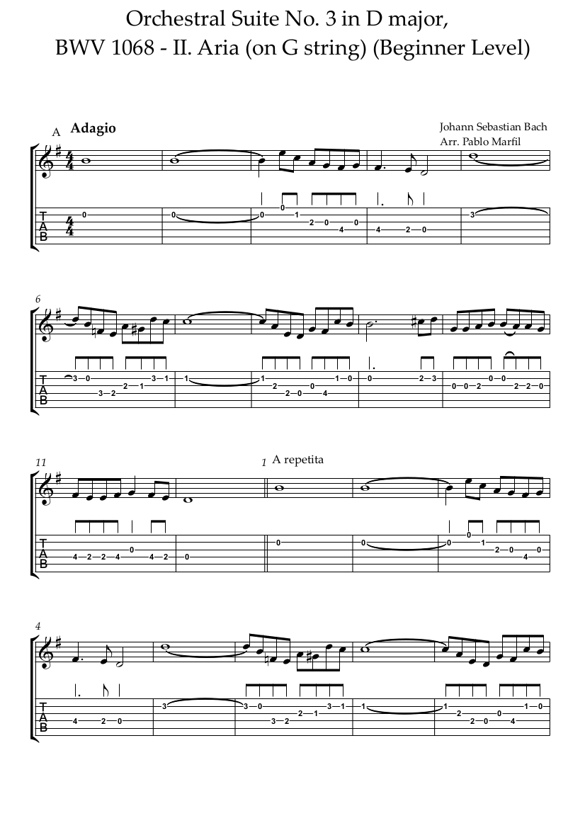 Jean-sébastien Bach Air Sur La Corde De Sol Tablatures et partition Guitare Suite n° 3 en ré majeur, BWV 1068 - II