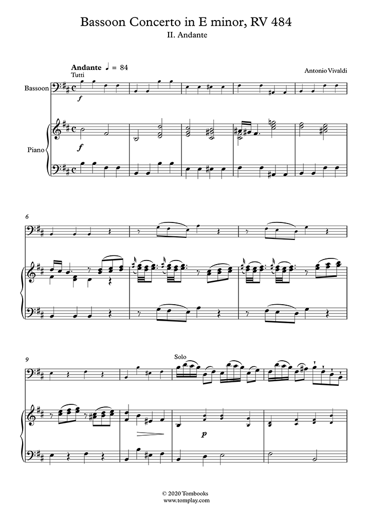 Bassoon Sheet Music Bassoon Concerto in E minor, RV 484 II. Andante