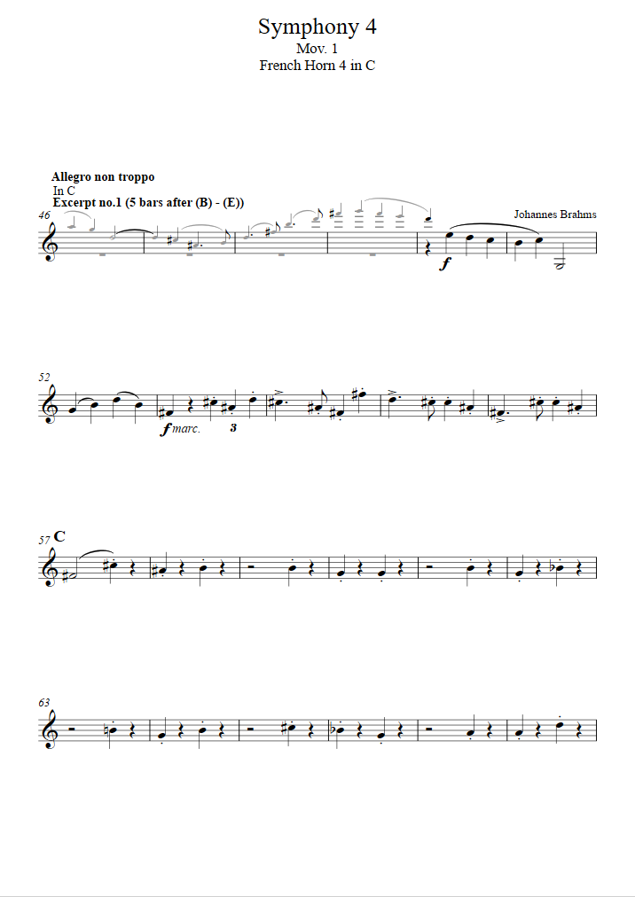 French horn Sheet Music Orchestral Excerpts, Symphony No. 4, Op. 98 I