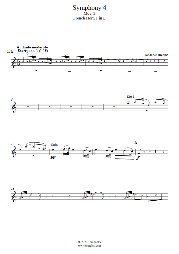 French horn Sheet Music Orchestral Excerpts, Symphony No. 4, Op. 98