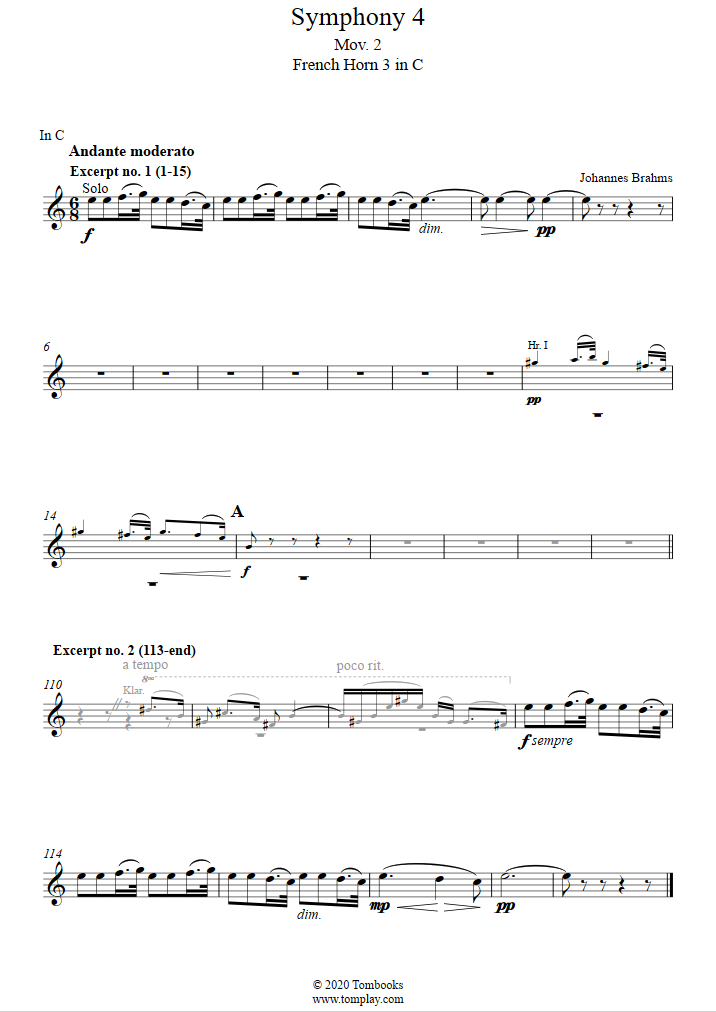 French horn Sheet Music Orchestral Excerpts, Symphony No. 4, Op. 98