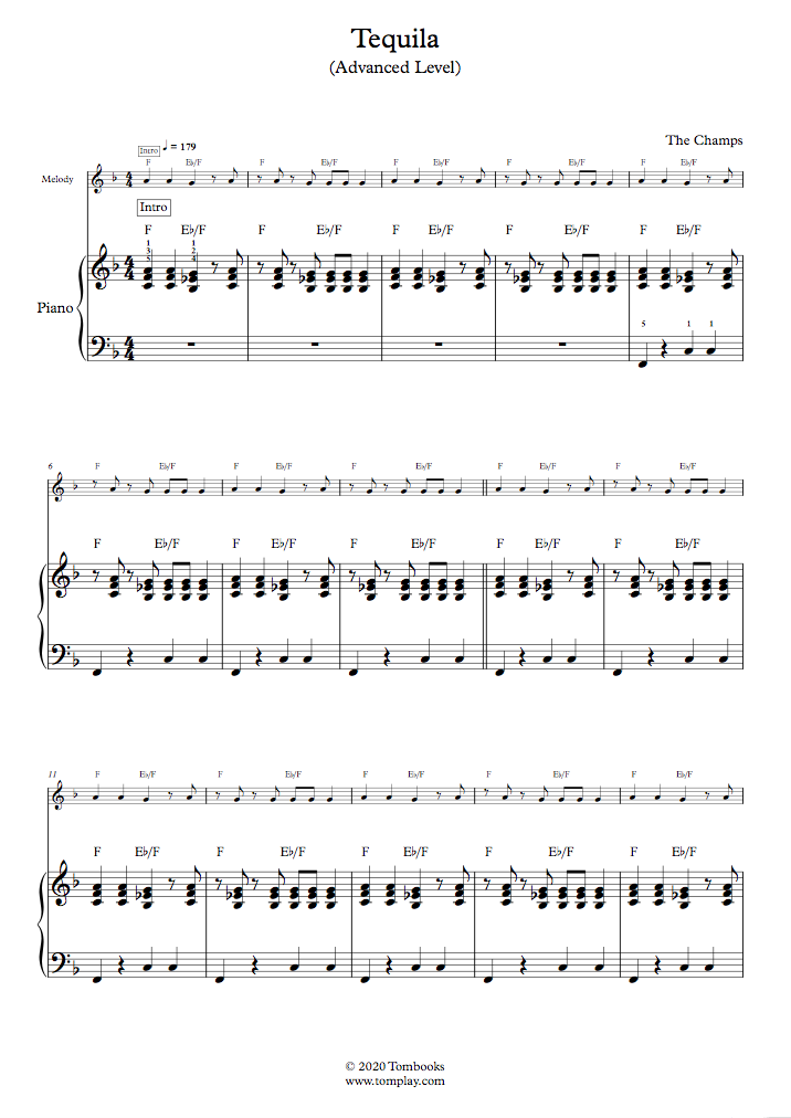 Piano Sheet Music Tequila (Advanced Level, with Orchestra) (The Champs)