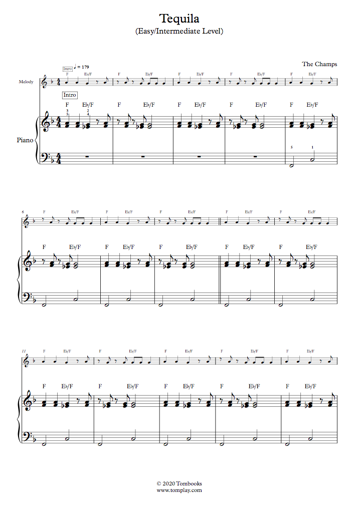 Tequila (Easy/Intermediate Level, Solo Piano) (The Champs) Partitura para Piano