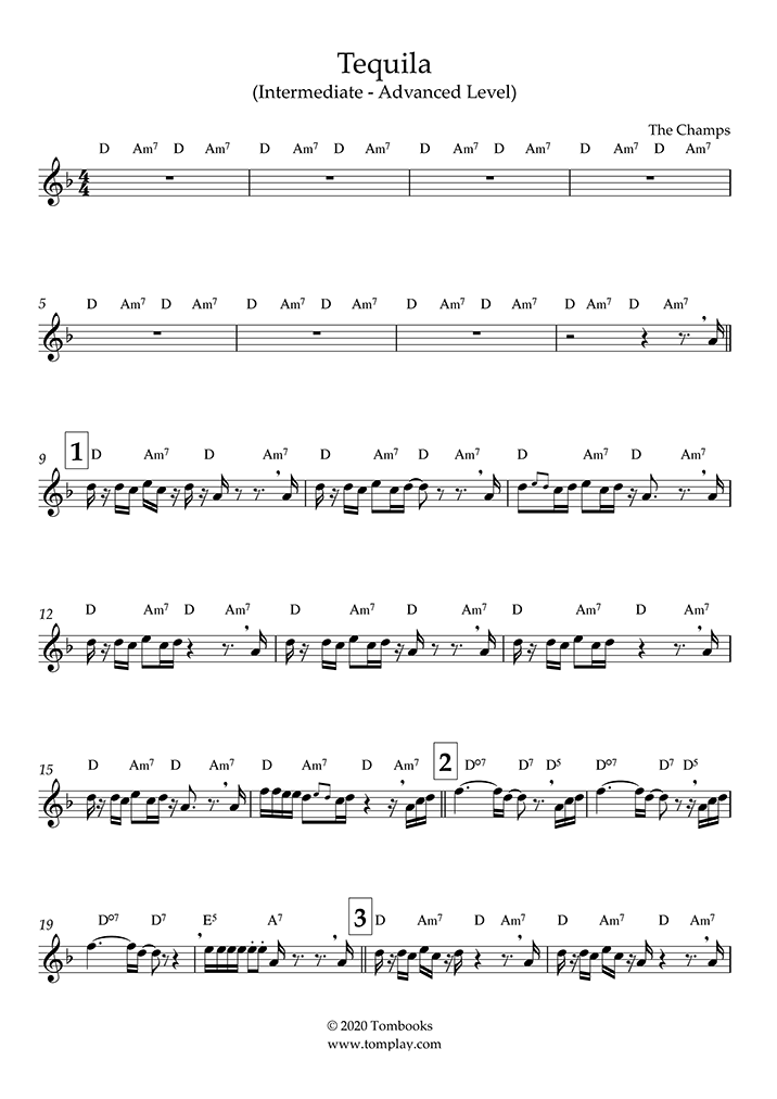 Tequila (Intermediate/Advanced Level, Alto Sax) (The Champs) Saxophone Sheet Music