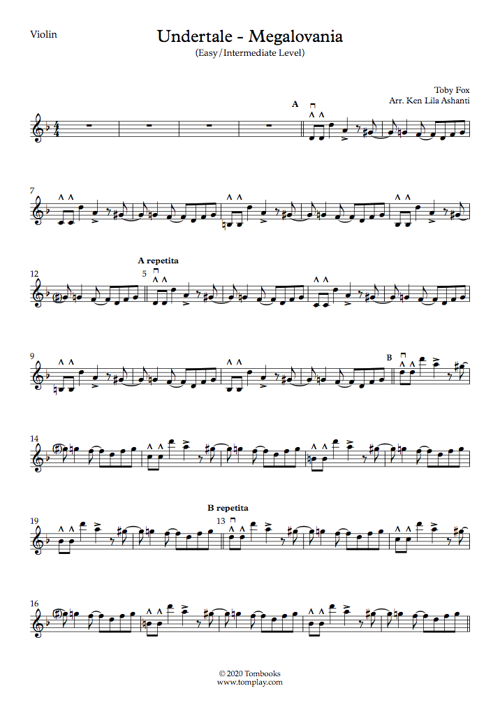 Undertale Megalovania Easy Intermediate Level Toby Fox Violin Sheet Music