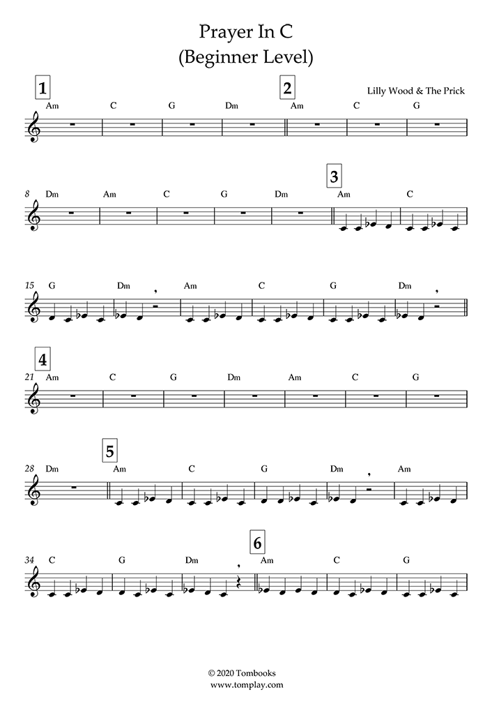 Trumpet Sheet Music Prayer In C (Beginner Level) (Lilly Wood & the Prick)