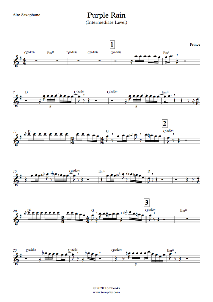 Saxophone Sheet Music Purple Rain (Intermediate Level, Alto Sax) (Prince)