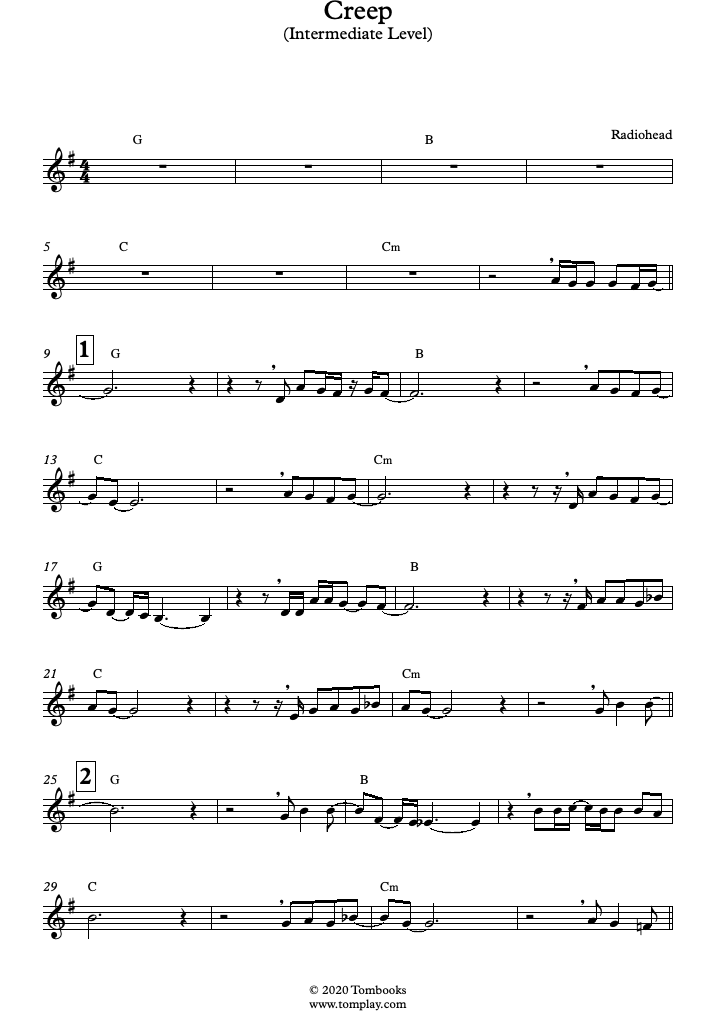 Flute Sheet Music Creep (Intermediate Level) (Radiohead)