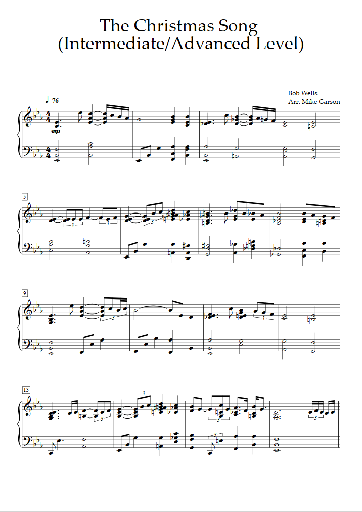 Piano Sheet Music The Christmas Song (Intermediate/Advanced Level