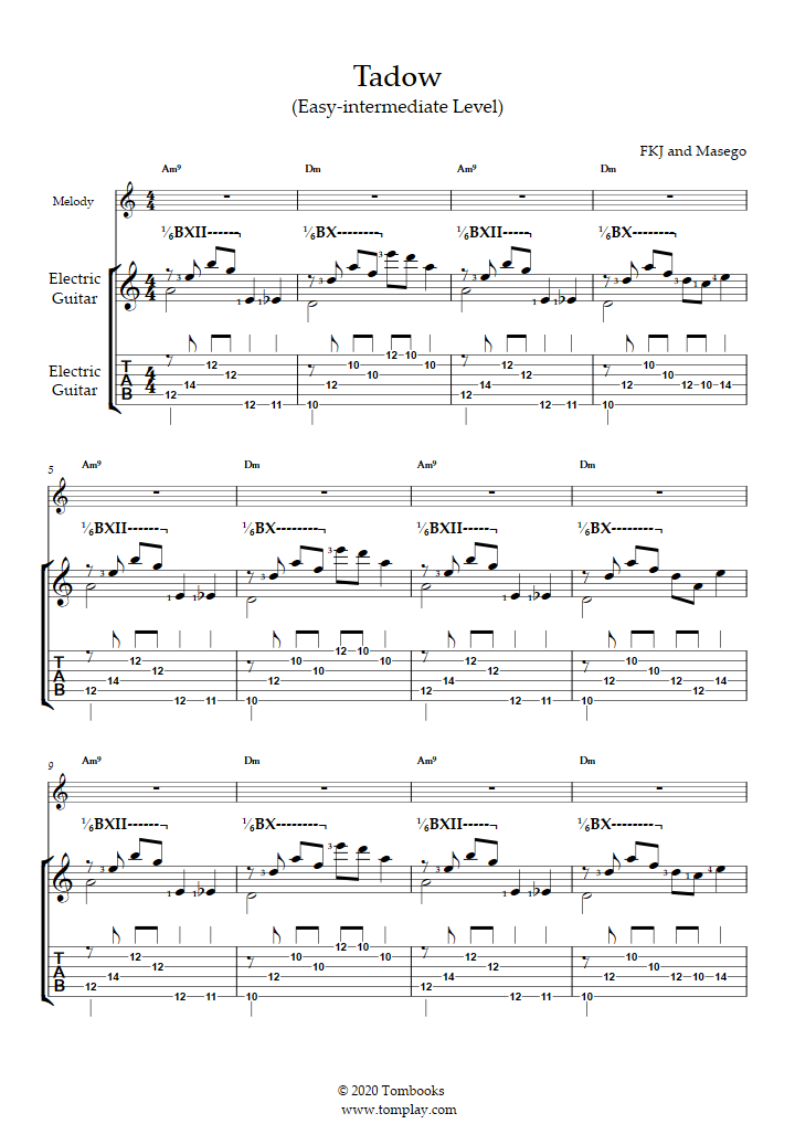 Piano Sheet Music Tadow (Easy/Intermediate Level, Electric Guitar comp