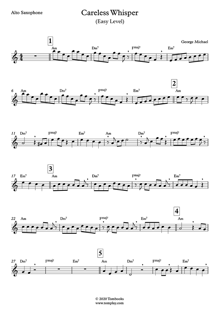 Careless Whisper Alto Sax Sheet Music Easy Level George Michael