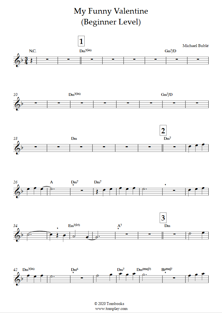 Saxophone Sheet Music My Funny Valentine (Beginner Level ...