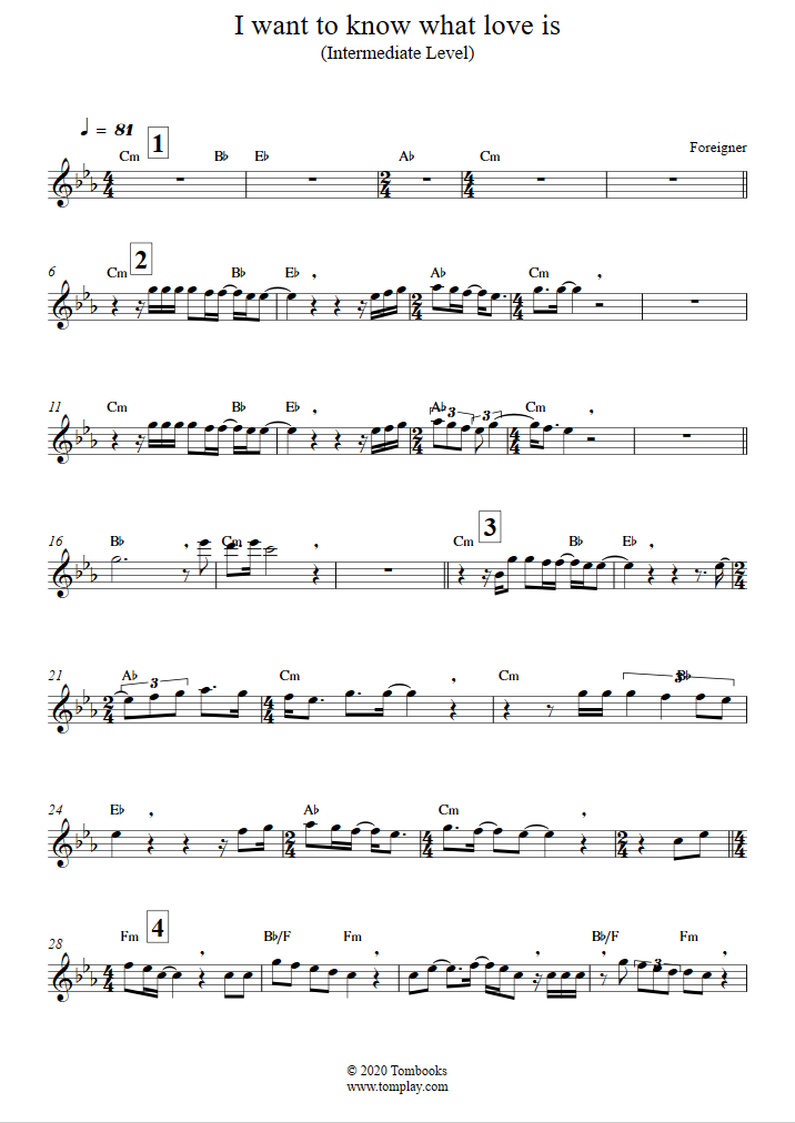 I Want To Know What Love Is Intermediate Level Alto Sax Foreigner Saxophone Sheet Music 9579