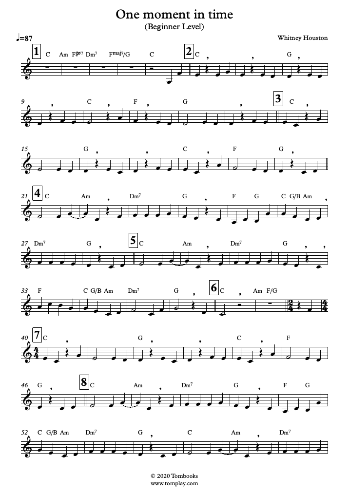Sheet Music One Moment In Time (Beginner Level) (Houston)