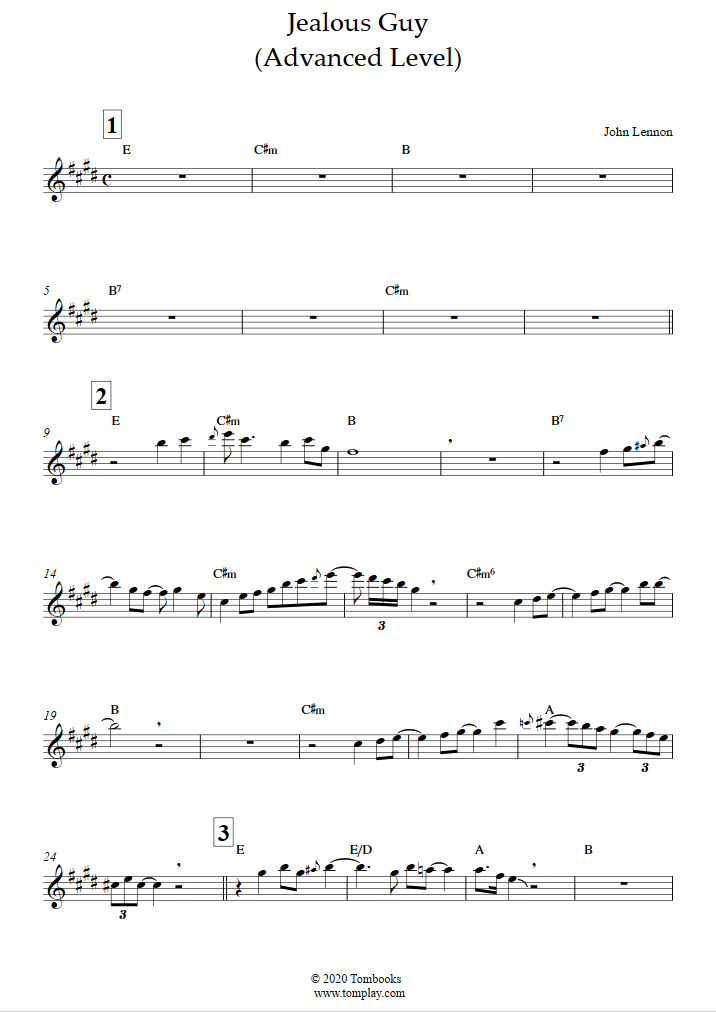 Jealous Guy (Advanced Level, Alto Sax) (John Lennon) - Saxophone Sheet ...