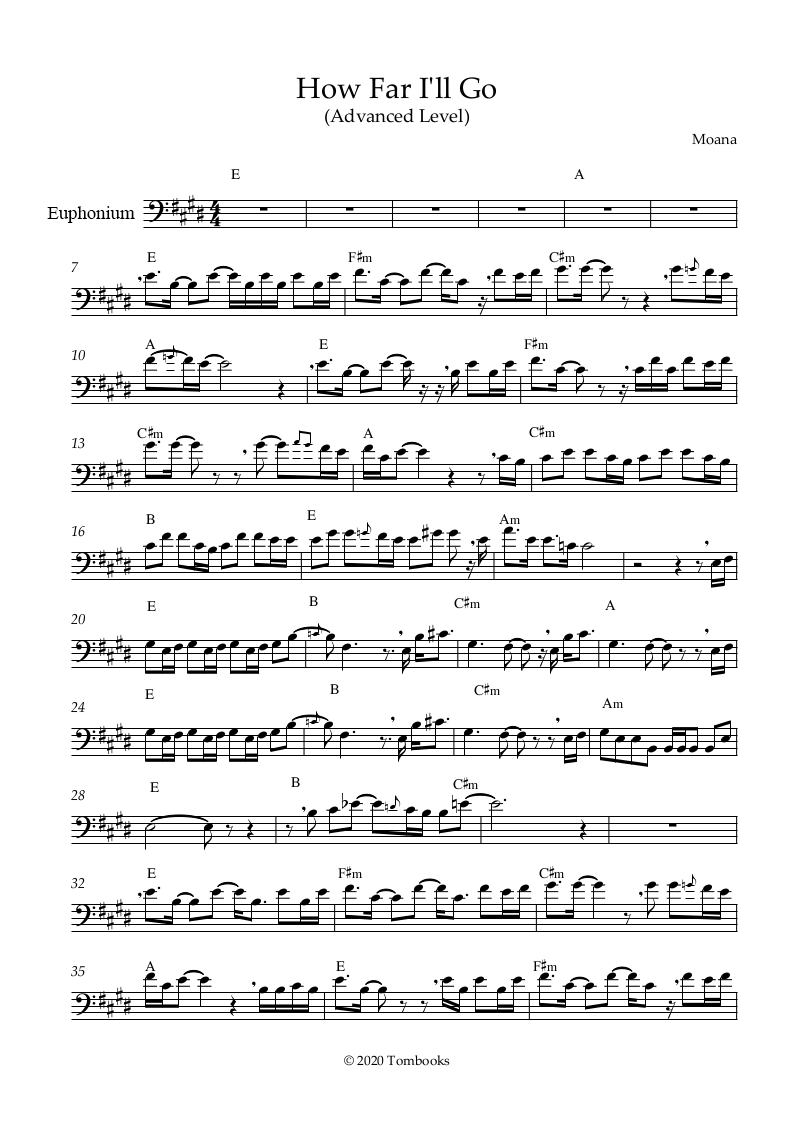 Euphonium Sheet Music Moana How Far I Ll Go Advanced Level Cravalho Auliʻi