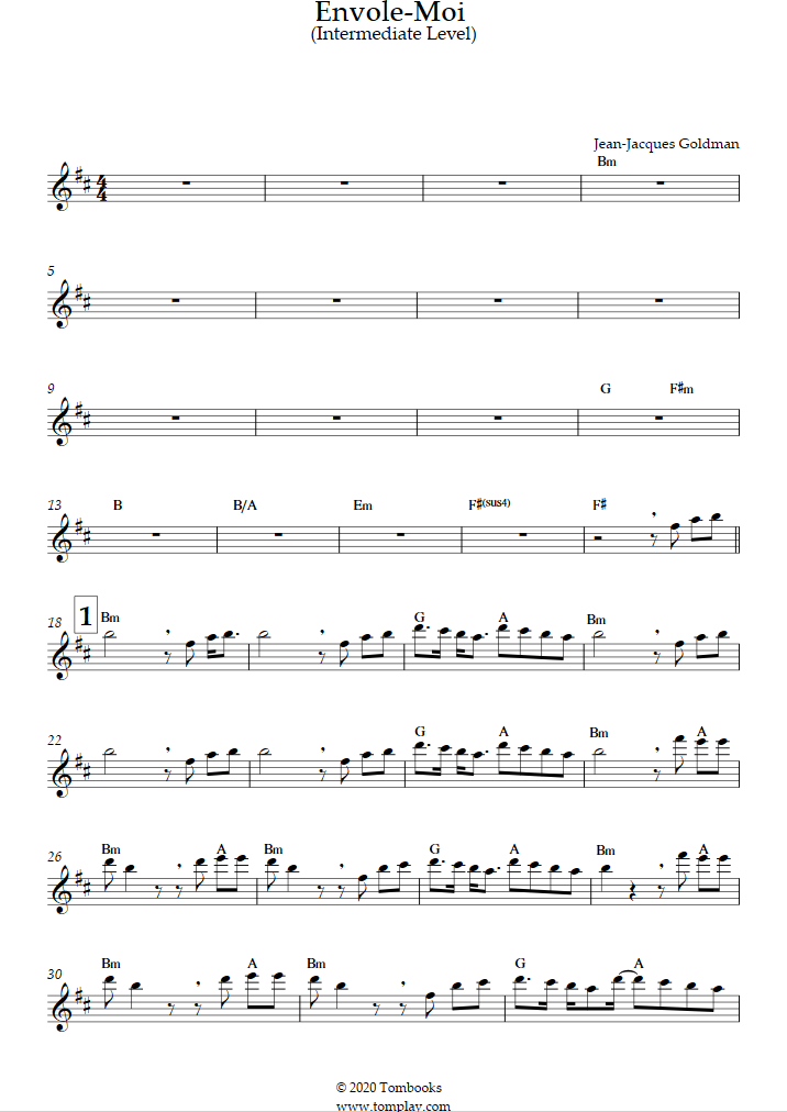 Flute Sheet Music Envole-moi (Intermediate Level) (Jean-Jacques Goldman)