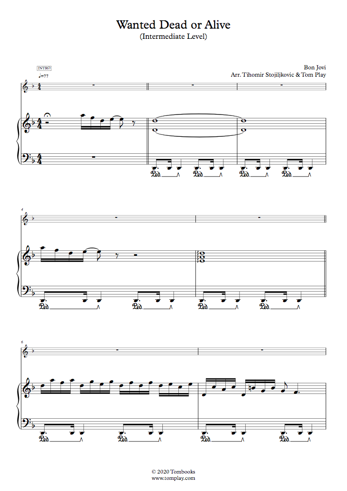 Wanted Dead or Alive (Intermediate Level, Solo Piano) (Bon Jovi