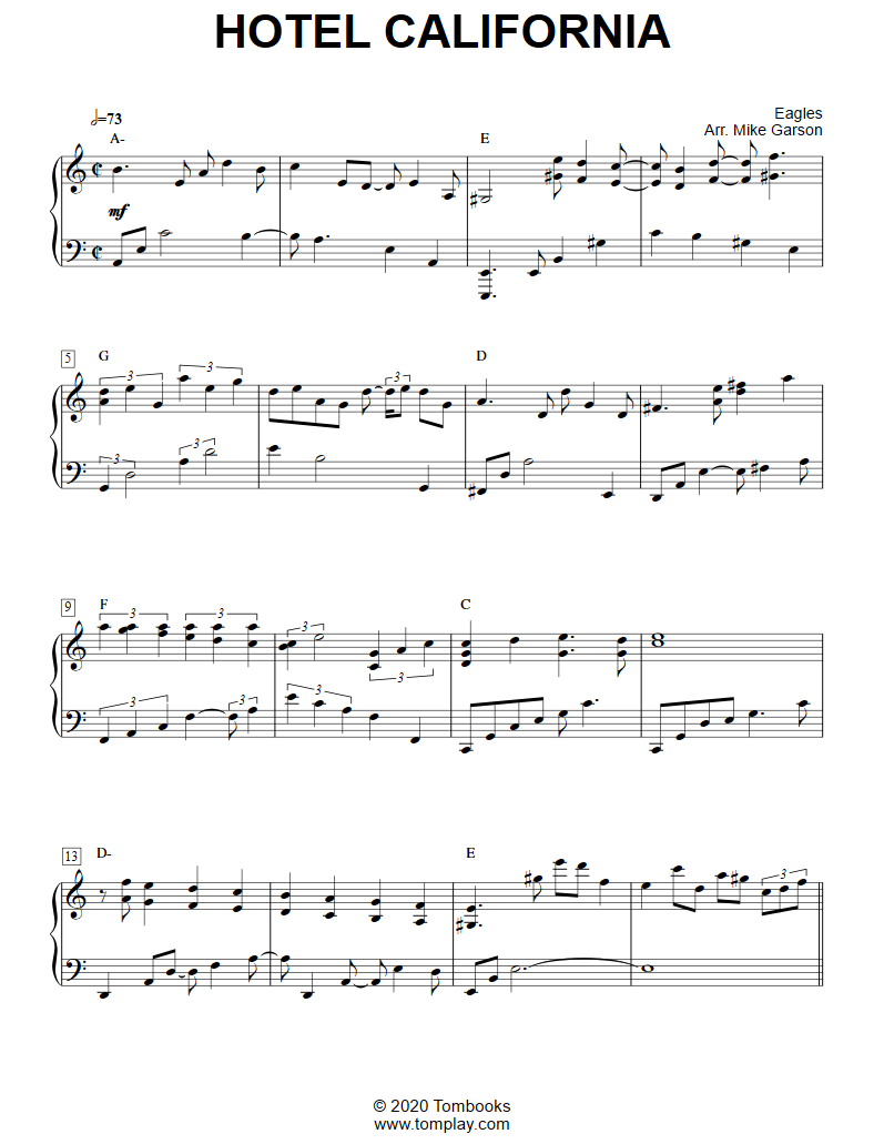 Hotel California Upper Advanced Level Solo Piano Eagles Piano 