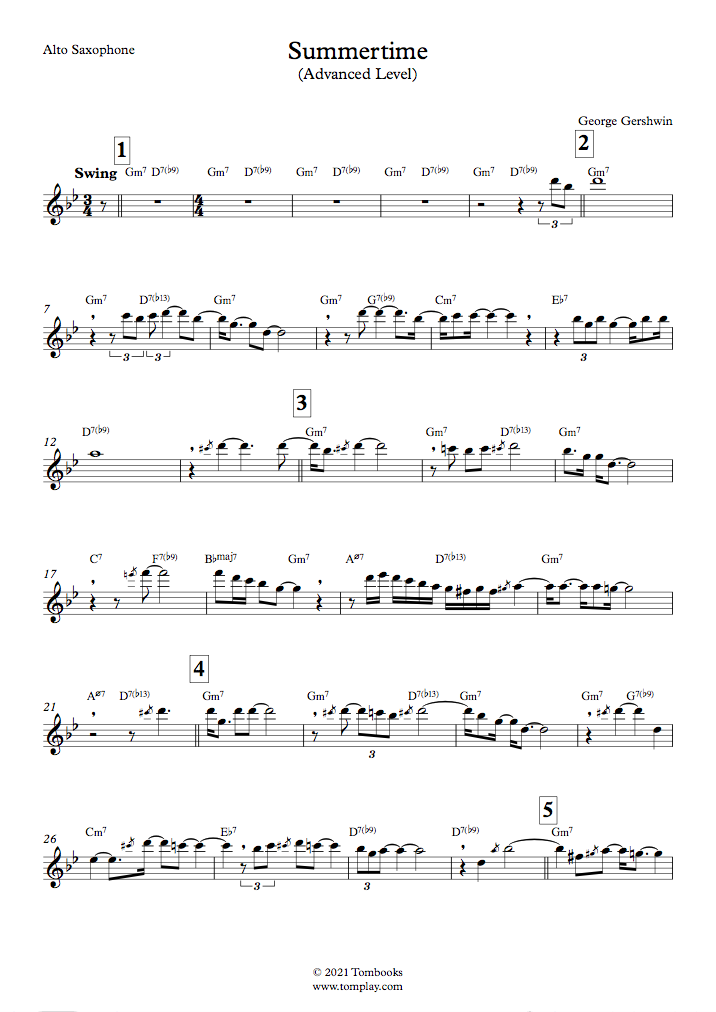 Summertime (Advanced Level, Alto Sax, Fitzgerald) (Gershwin) Spartito per Sassofono