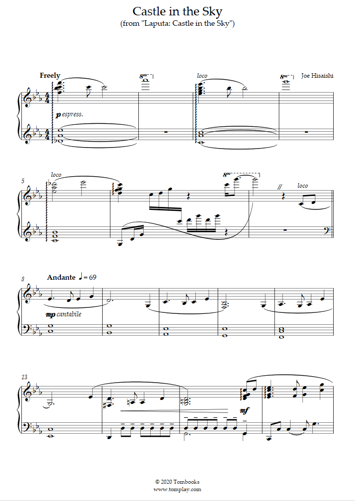 Piano Sheet Music Castle in the Sky - Innocent (Advanced Level) (Hisaishi)
