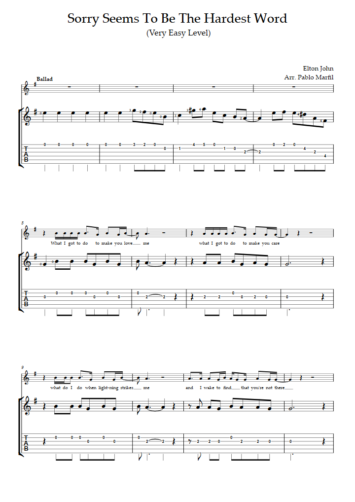 Sorry Seems to Be the Hardest Word (Sehr leichte Stufe, mit Band) (Elton John) Gitarre Noten