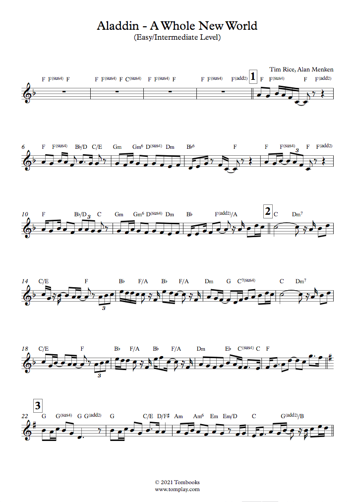 Aladdin A Whole New World Easy Intermediate Level Tenor Sax Alan Menken Saxophone Sheet Music