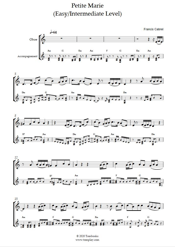 Petite Marie (Easy/Intermediate Level) (프란시스 카브렐) 오보에 악보